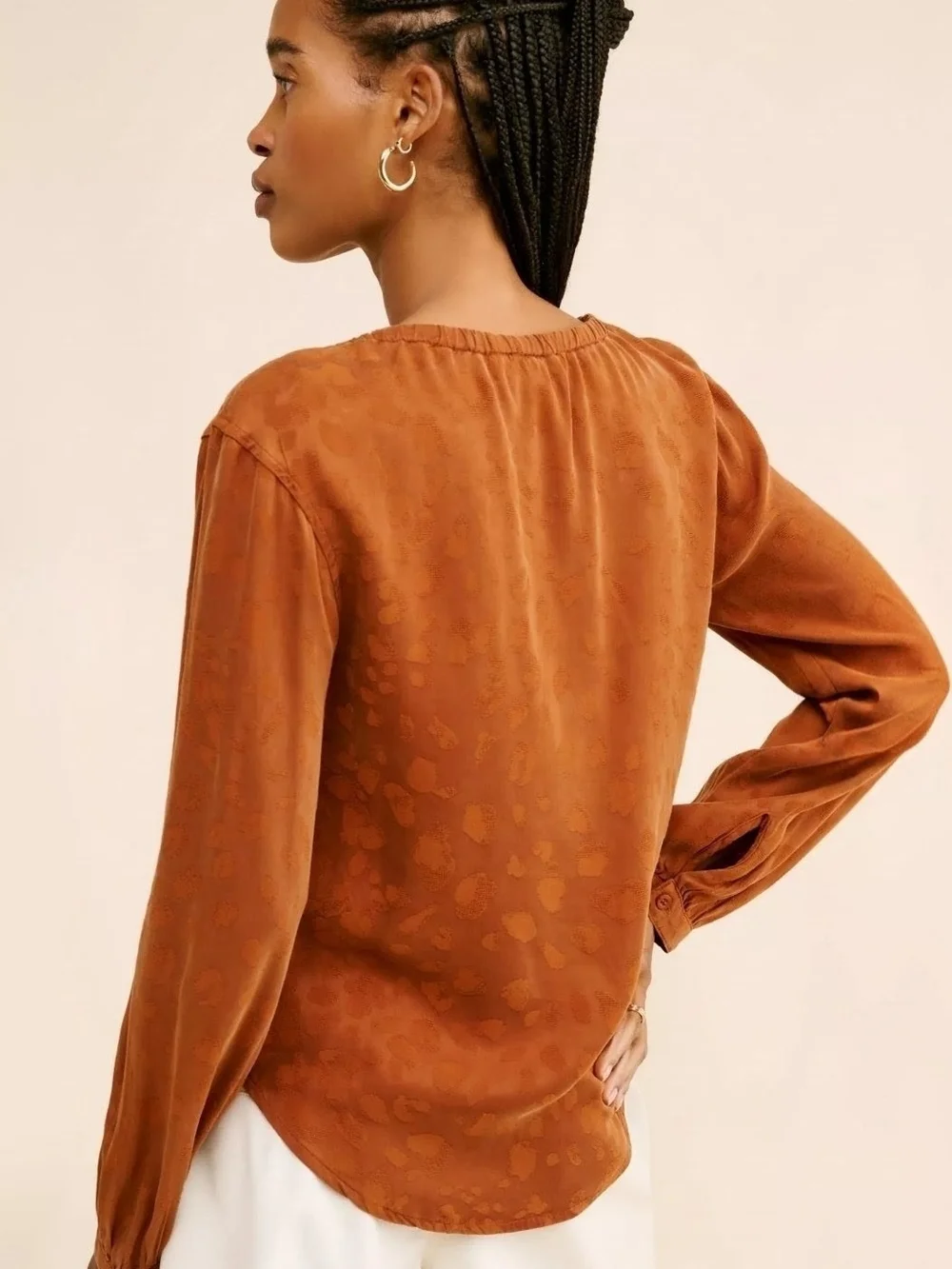 Cloth & Stone Anthropologie Rust Orange Elastic Neck Long Sleeve Blouse Top M